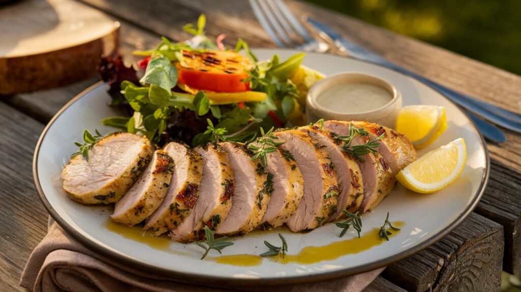 Thin sliced chicken breast seasoned and grilled to perfection