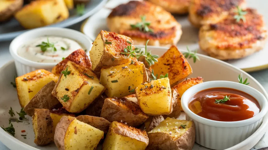 Crispy Air Fryer Potatoes and Sauces for Baked Chicken Cutlets