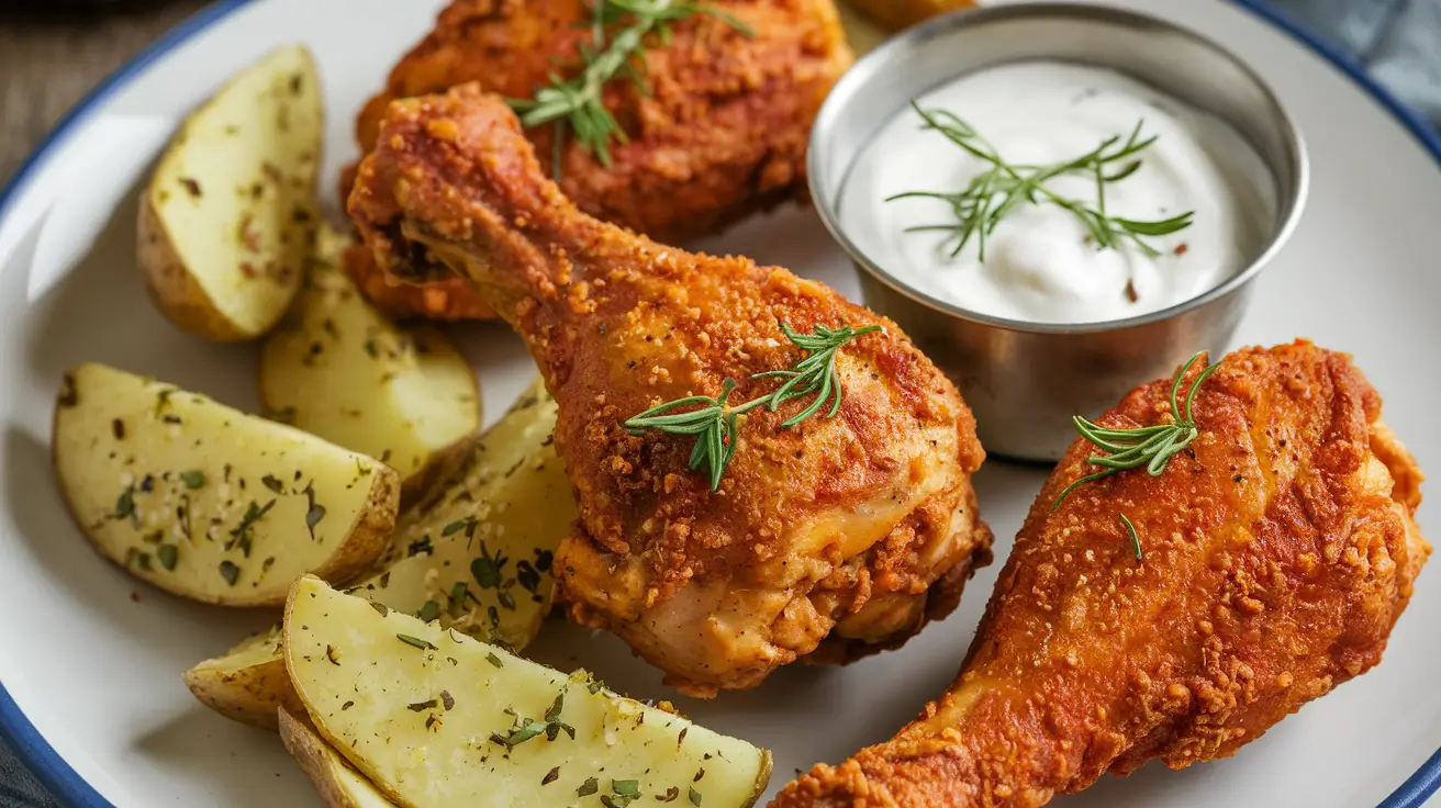 Crispy air-fried chicken drumsticks and potato wedges, served with a yogurt dipping sauce and garnished with parsley