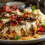 Plated Alice Springs Chicken with roasted vegetables and mashed potatoes.