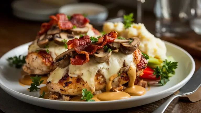 Plated Alice Springs Chicken with roasted vegetables and mashed potatoes.