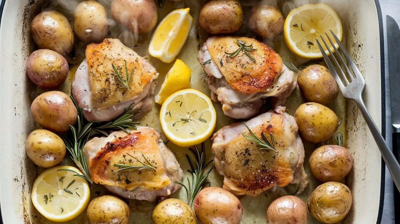 Oven-baked chicken thighs with crispy skin, rosemary potatoes, and lemon slices, plated on a white ceramic dish.