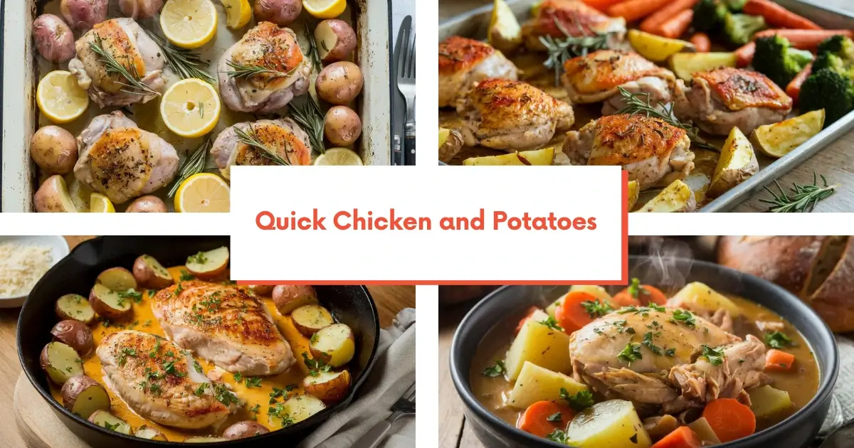 A collage of four quick and easy chicken and potato dishes, including sheet pan roast, garlic butter skillet, rosemary-baked chicken, and slow cooker stew, highlighting vibrant, flavorful meals