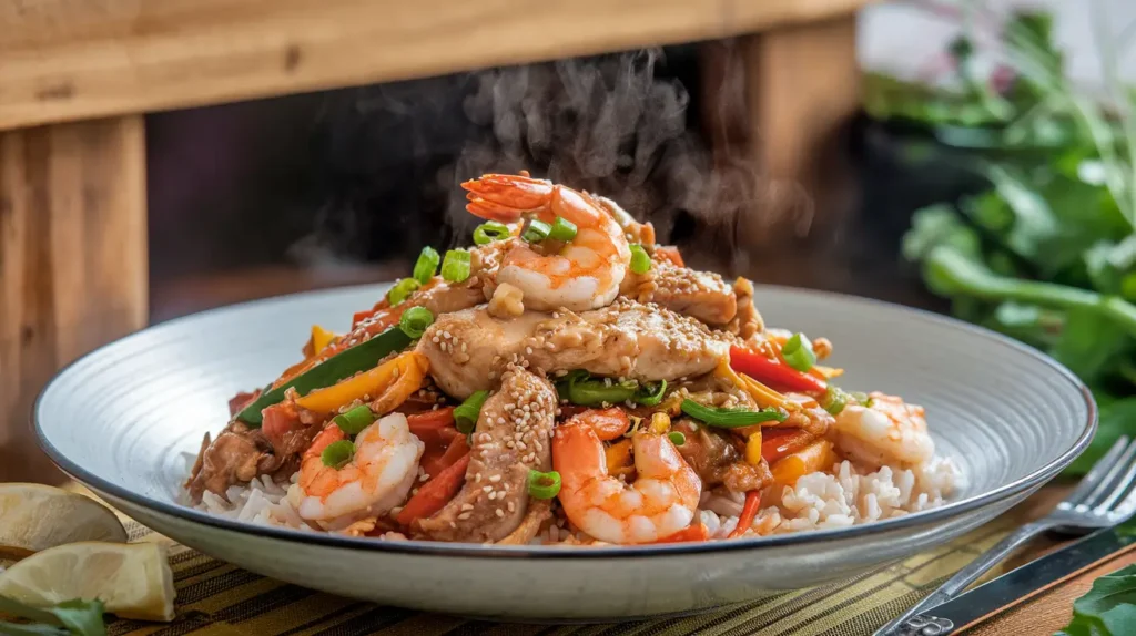 Quick and healthy chicken and shrimp stir fry with vibrant vegetables like bell peppers, broccoli, and carrots in a savory sauce.