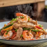 Quick and healthy chicken and shrimp stir fry with vibrant vegetables like bell peppers, broccoli, and carrots in a savory sauce.