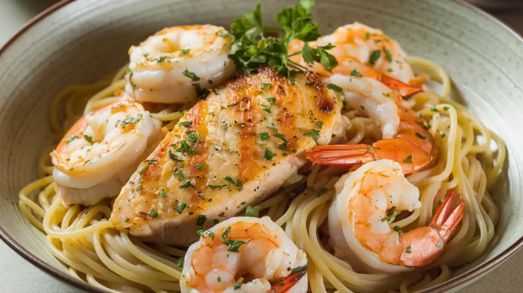 Garlic Butter Chicken and Shrimp Pasta