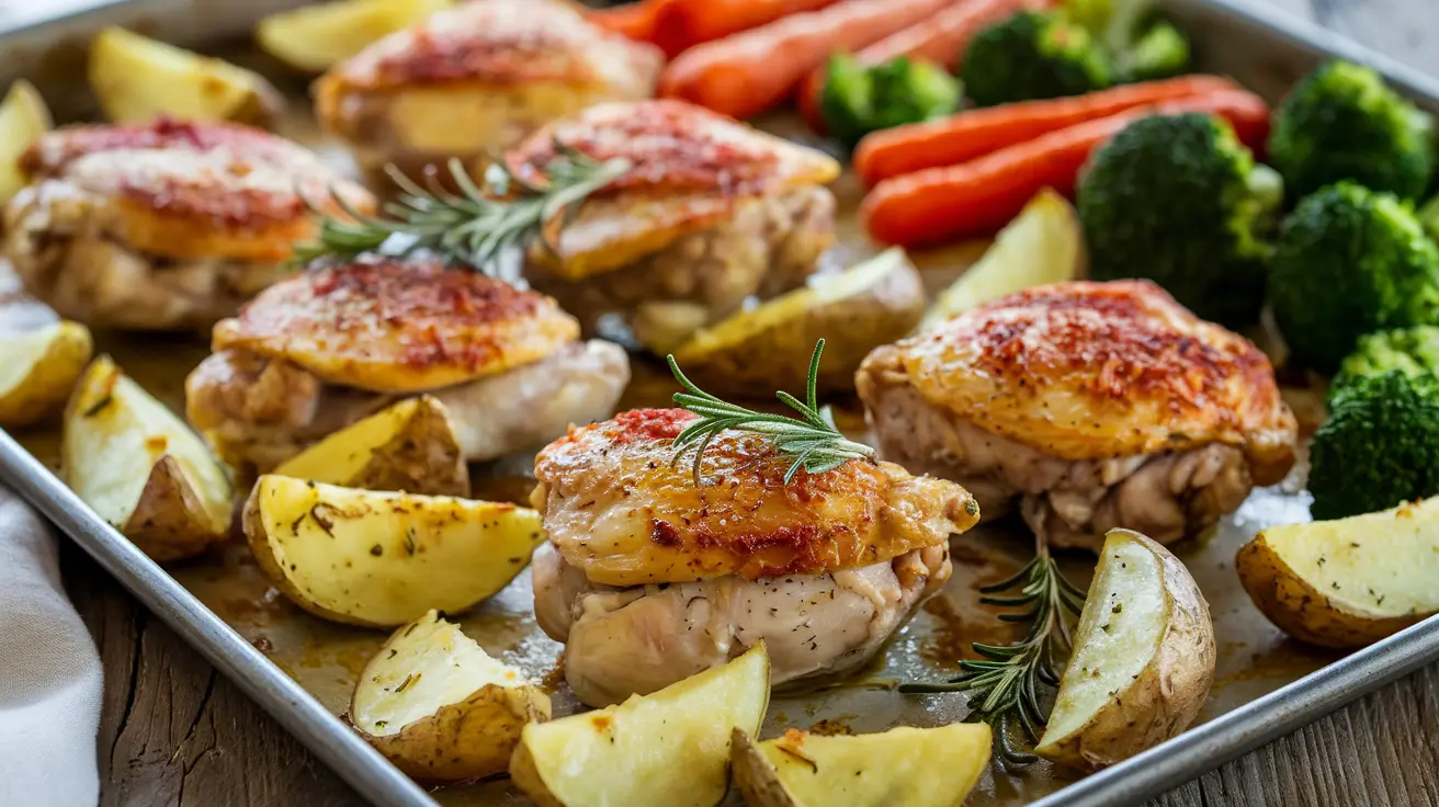 A sheet pan with roasted chicken thighs, golden potato wedges, and fresh rosemary sprigs, served with roasted broccoli and carrots