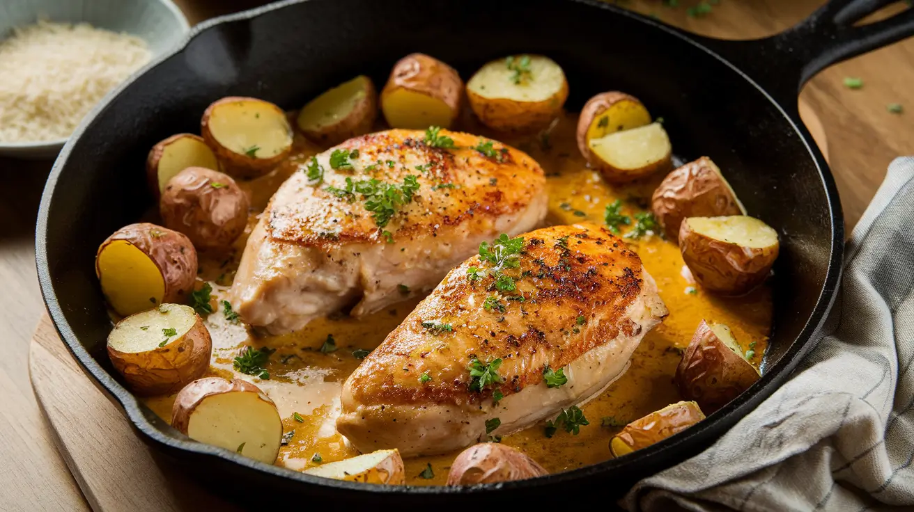 A cast-iron skillet with juicy chicken breasts and crispy diced potatoes in garlic butter sauce, garnished with parsley