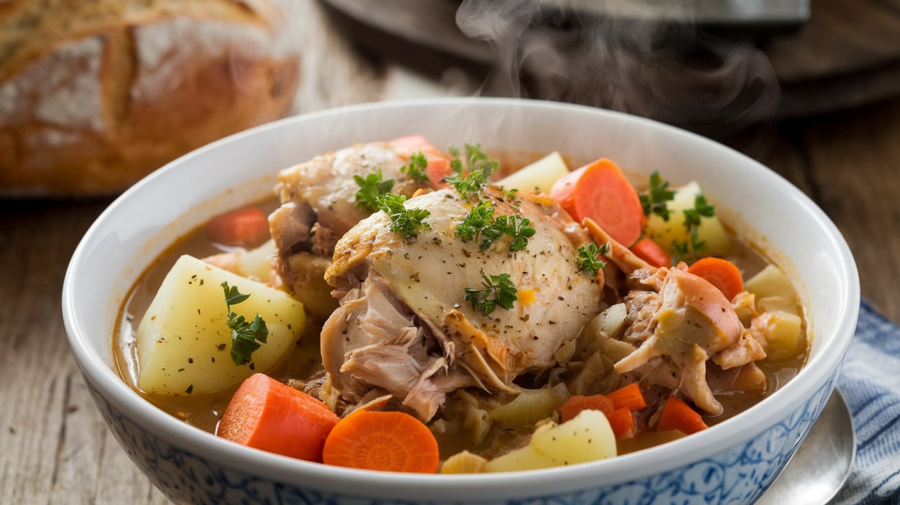 A bowl of slow-cooked chicken and potato stew with carrots and onions, garnished with fresh parsley and served with bread.