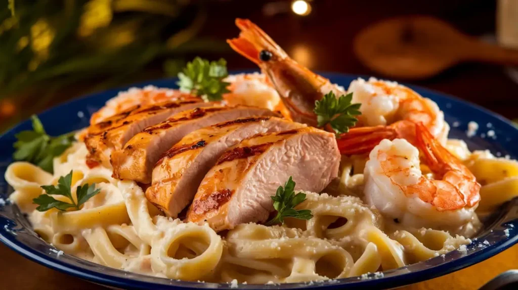 Quick and creamy chicken and shrimp Alfredo served with fettuccine pasta