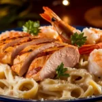 Quick and creamy chicken and shrimp Alfredo served with fettuccine pasta