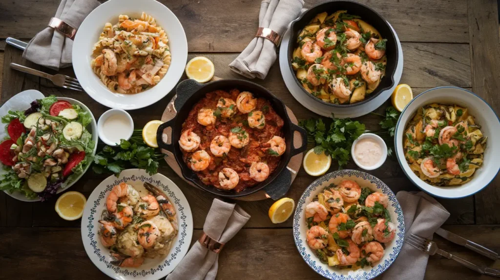 A collage of 5 easy chicken and shrimp dishes, including creamy Alfredo, Cajun skillet, garlic butter, stir-fry, and lemon herb recipes.