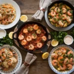 A collage of 5 easy chicken and shrimp dishes, including creamy Alfredo, Cajun skillet, garlic butter, stir-fry, and lemon herb recipes.