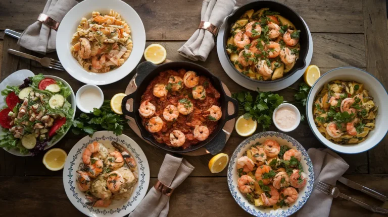 A collage of 5 easy chicken and shrimp dishes, including creamy Alfredo, Cajun skillet, garlic butter, stir-fry, and lemon herb recipes.