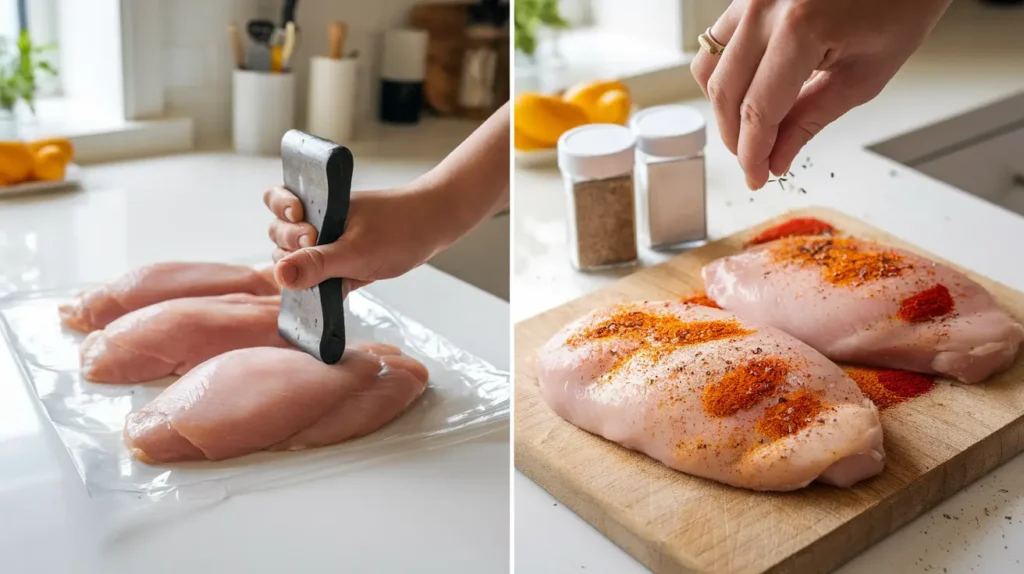 Step 1: Preparing the Chicken for Chicken Cordon Bleu – Pound chicken breasts to an even 1/4-inch thickness and season with salt, pepper, garlic powder, and paprika for flavor.