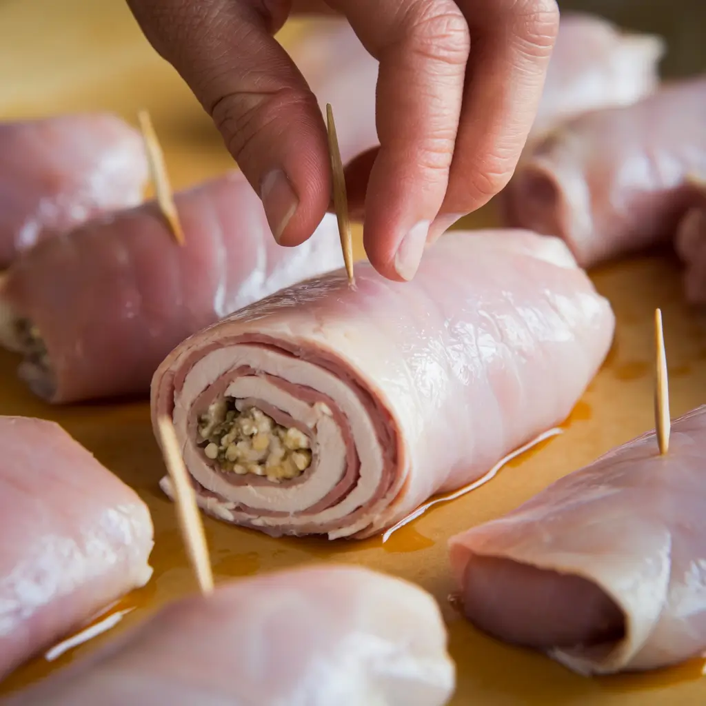 Rolling chicken breasts with ham and cheese filling, tucking in the sides, and securing with toothpicks to maintain shape for Chicken Cordon Bleu.