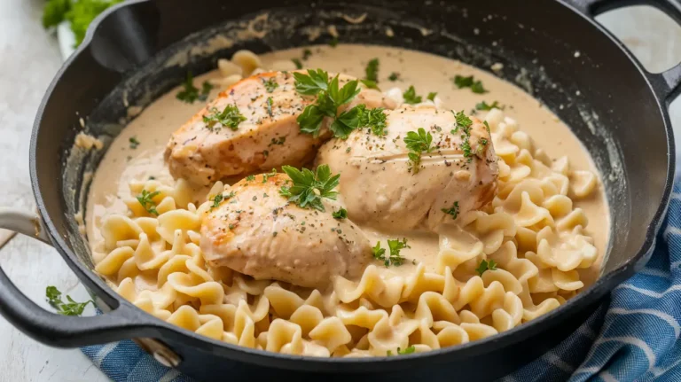 A comforting plate of chicken with spaetzle noodles, smothered in a creamy sauce and garnished with fresh parsley. German Chicken Recipes