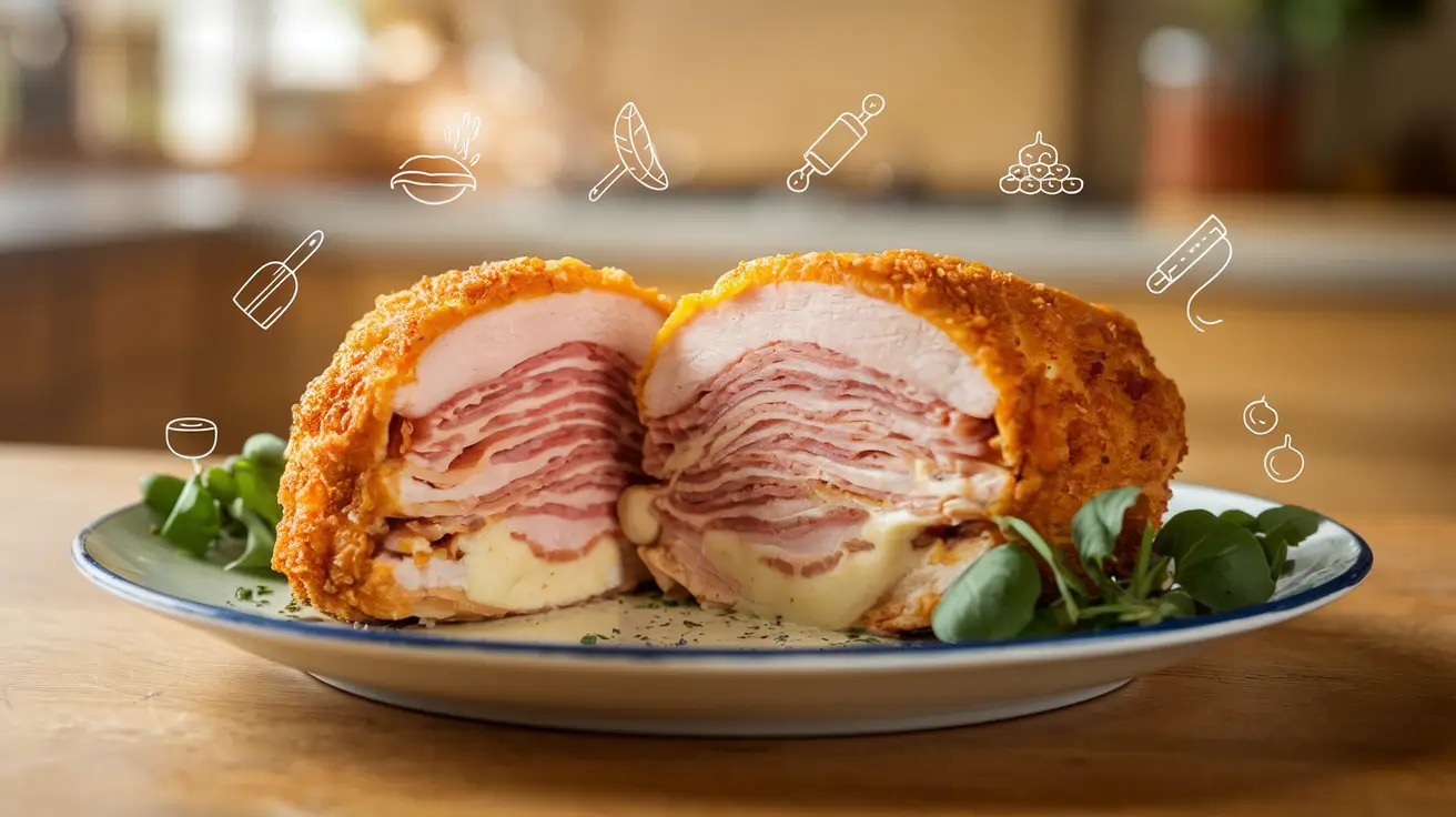 Chicken Cordon Bleu recipe with golden crispy crust and melted Swiss cheese filling