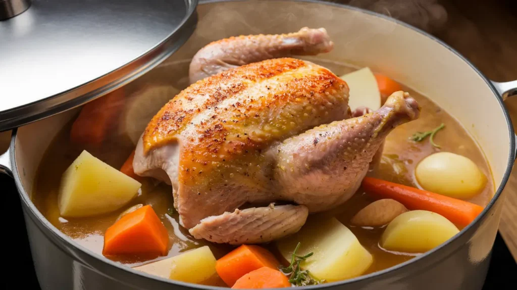 For One-Pot German Chicken and Vegetables Recipe, Add the Broth and Seasonings