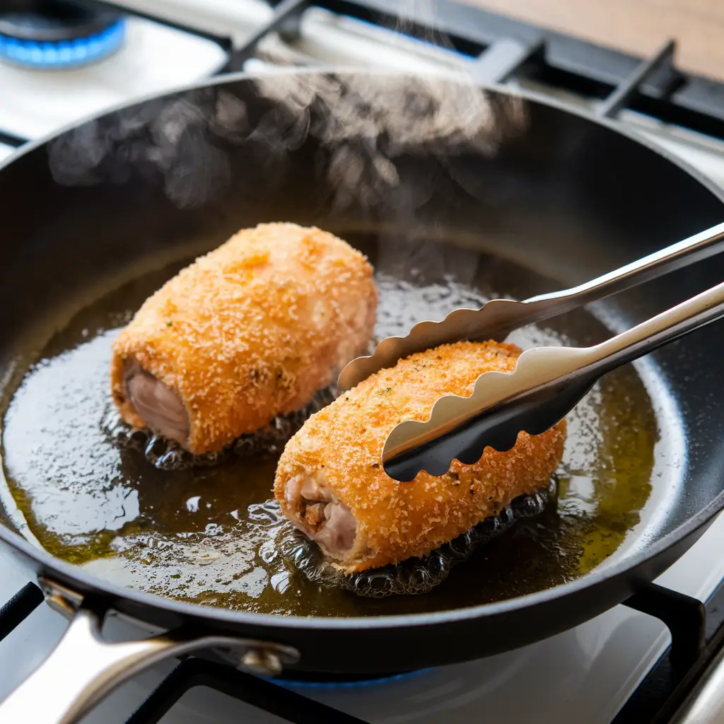 Frying Chicken Cordon Bleu in hot oil until golden brown and crispy.