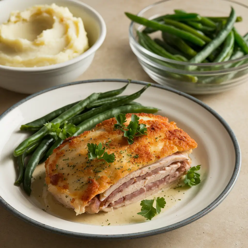 Plate of Chicken Cordon Bleu served with steamed green beans and creamy mashed potatoes, creating a well-rounded and balanced meal.