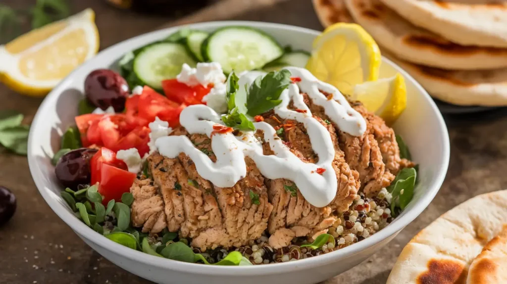 Mediterranean ground chicken bowl with juicy spiced chicken, fresh cucumber, cherry tomatoes, red onion, quinoa, and a dollop of tzatziki, garnished with parsley.