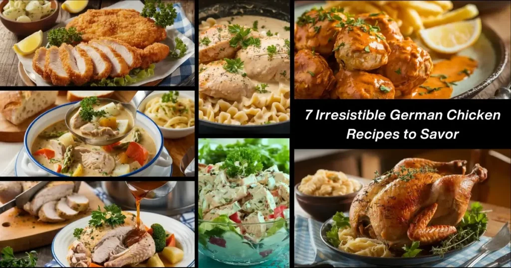 A beautifully arranged spread featuring Bavarian roasted chicken, crispy German fried chicken, hearty chicken stew, chicken currywurst, chicken with spaetzle, fresh German chicken salad, and one-pot chicken with vegetables, embodying the flavors of traditional German cuisine.