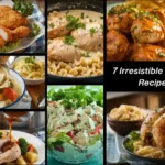 A beautifully arranged spread featuring Bavarian roasted chicken, crispy German fried chicken, hearty chicken stew, chicken currywurst, chicken with spaetzle, fresh German chicken salad, and one-pot chicken with vegetables, embodying the flavors of traditional German cuisine.