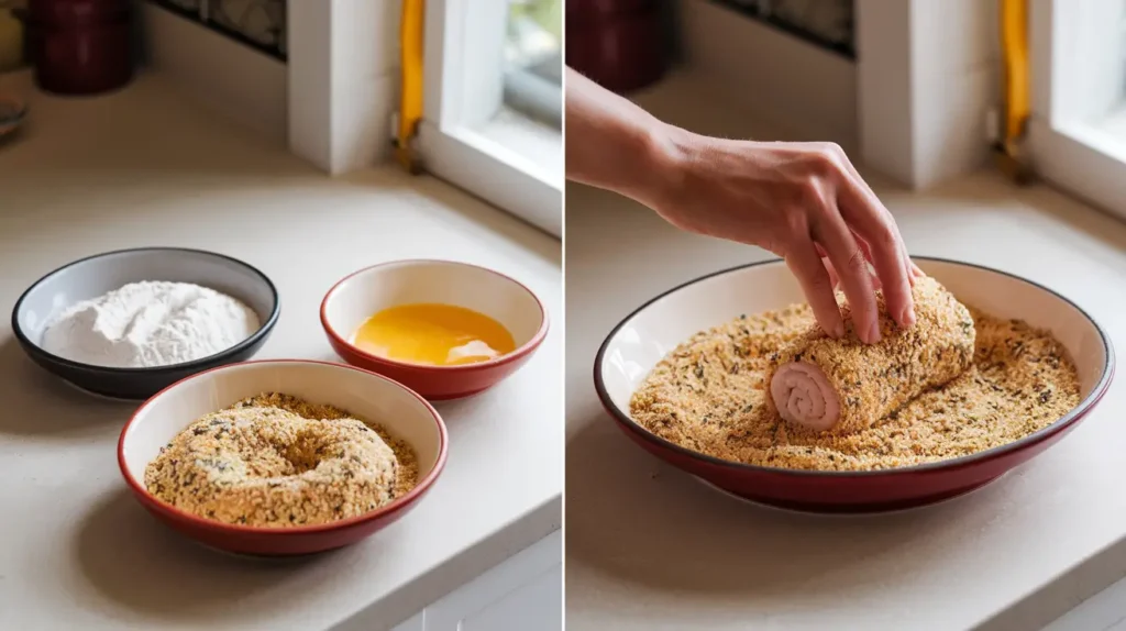 Step 2: Layering the Fillings for Chicken Cordon Bleu – Add a slice of ham and Swiss cheese to each pounded chicken breast, then tightly roll up and secure with toothpicks to hold the filling in place.