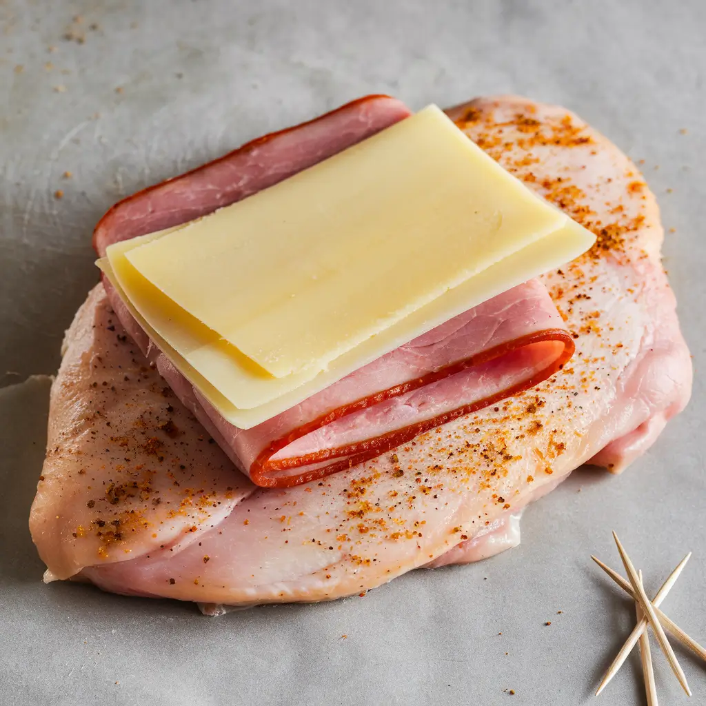 Layer of prosciutto and Swiss cheese inside a chicken breast for Chicken Cordon Bleu.