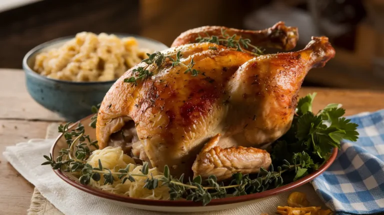 Golden-brown Bavarian roasted chicken served on a rustic wooden platter, garnished with fresh parsley and surrounded by roasted potatoes and vegetables.