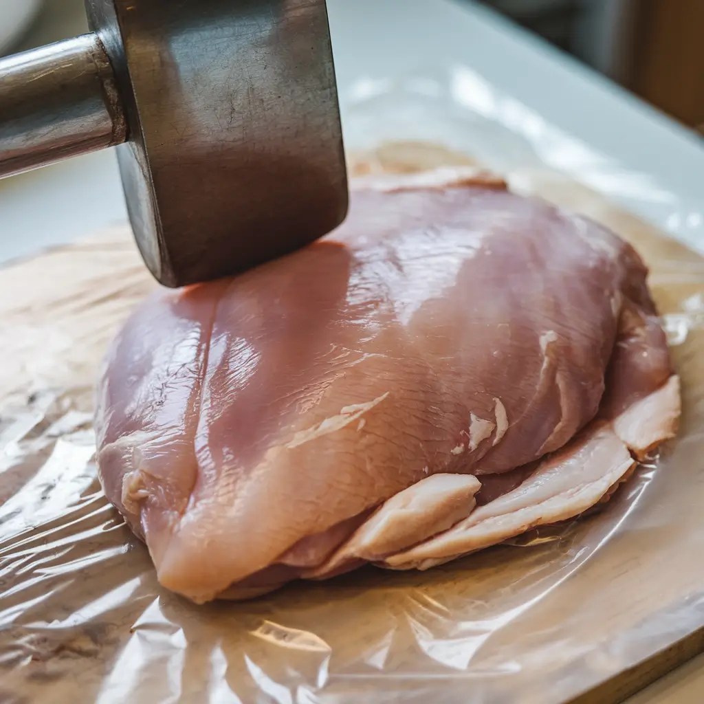 Pounding chicken breasts to 1/4 inch thickness for evenly cooked Chicken Cordon Bleu.