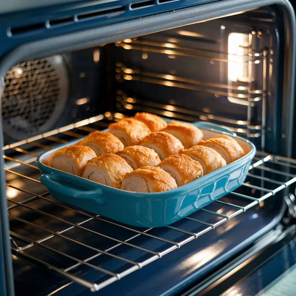 Step 4: After frying the breaded chicken rolls in the pan until golden brown, transfer them to the oven to bake until cooked through and crispy, letting them rest before serving.