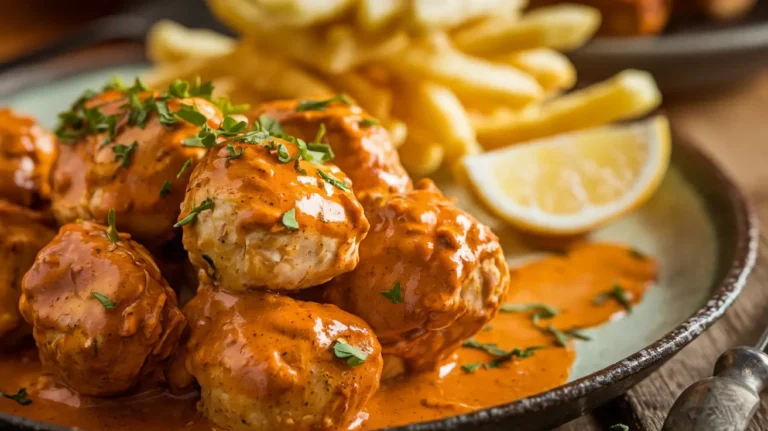 Chicken curry wurst served with a rich curry sauce, sliced sausage, and a side of crispy fries, garnished with fresh herbs.