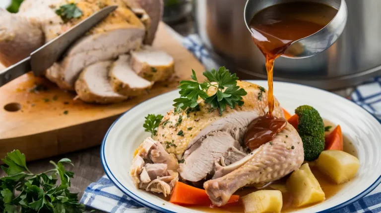 A hearty one-pot dish featuring golden-brown chicken thighs nestled among tender potatoes, carrots, green beans, and onions, all coated in a savory herb-infused sauce