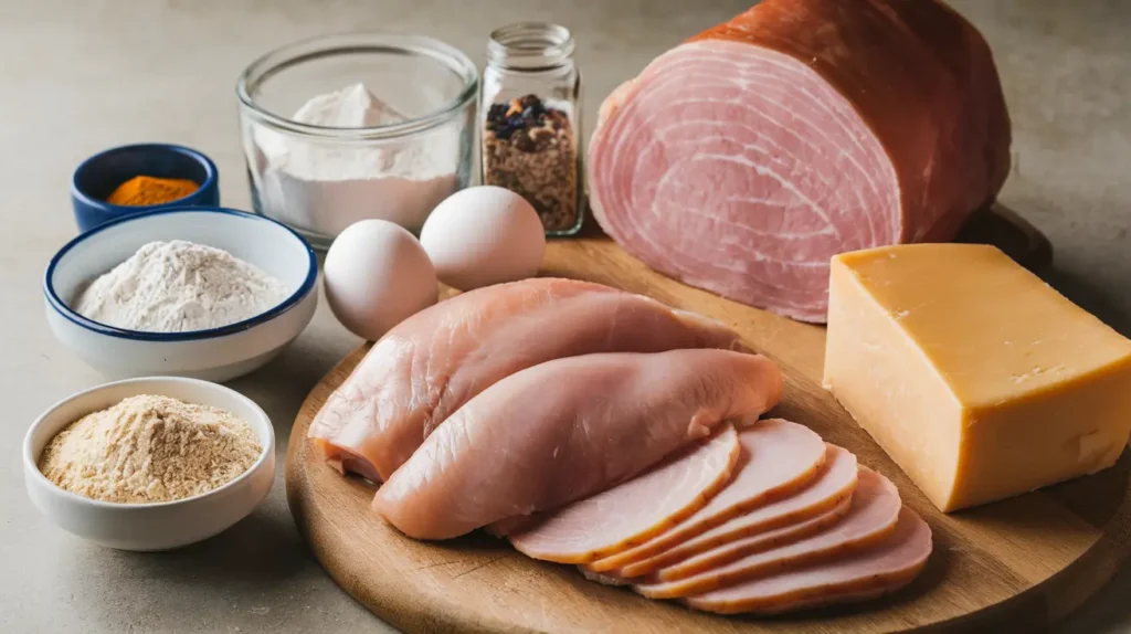 Ingredients for Chicken Cordon Bleu: 4 boneless, skinless chicken breasts, Swiss cheese, ham, flour, eggs, breadcrumbs, seasonings (salt, pepper, garlic powder, paprika), and olive oil