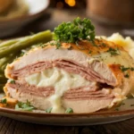 Golden and crispy Chicken Cordon Bleu sliced to reveal layers of ham and melted cheese, served with fresh parsley garnish.