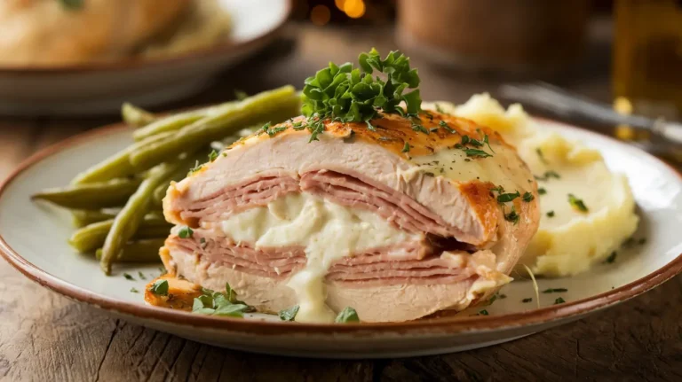 Golden and crispy Chicken Cordon Bleu sliced to reveal layers of ham and melted cheese, served with fresh parsley garnish.