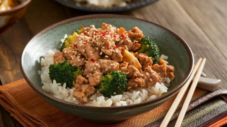 Ground chicken and broccoli stir-fry served in a bowl, with vibrant green broccoli and golden-brown chicken, garnished with sesame seeds and a drizzle of sauce.