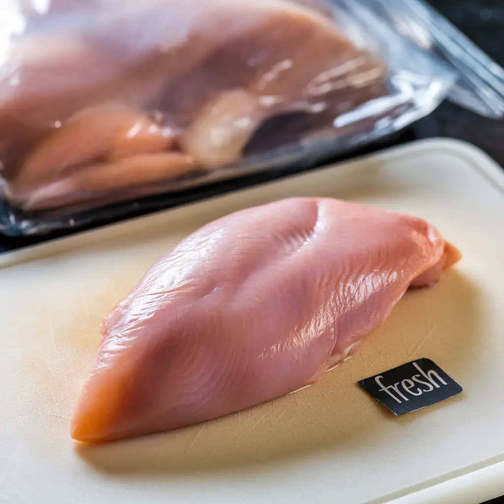 Fresh boneless, skinless chicken breasts ready for Chicken Cordon Bleu, ensuring a juicy and tender texture. Avoid using frozen chicken to maintain crispy coating and rich flavors.