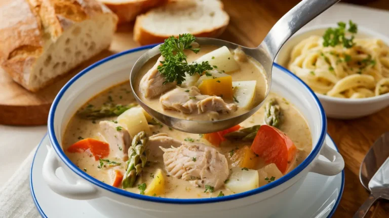 A warm bowl of classic German chicken stew recipe filled with tender chicken, root vegetables, and fresh herbs in a savory broth. German Chicken Recipes