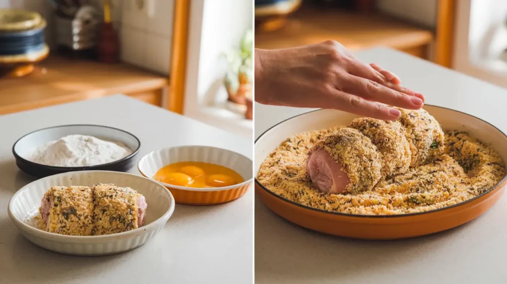 Dredging Chicken Cordon Bleu in seasoned flour, egg wash, and breadcrumbs for crispy exterior.