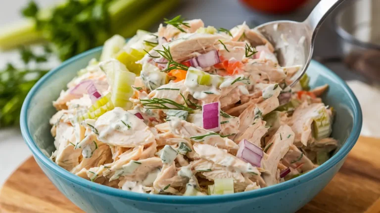 A vibrant bowl of German chicken salad featuring shredded chicken, crisp vegetables, pickles, and a creamy mustard dressing.