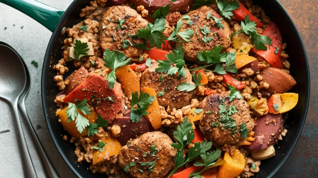 One-pot ground chicken recipe featuring browned ground chicken, colorful vegetables, and a savory sauce in a single pan, garnished with fresh herbs.