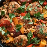 One-pot ground chicken recipe featuring browned ground chicken, colorful vegetables, and a savory sauce in a single pan, garnished with fresh herbs.
