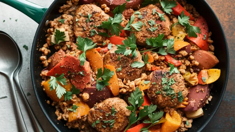 One-pot ground chicken recipe featuring browned ground chicken, colorful vegetables, and a savory sauce in a single pan, garnished with fresh herbs.