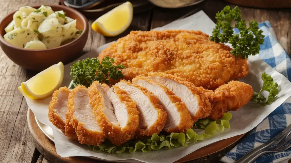 Golden and crispy German fried chicken served with a side of creamy mashed potatoes and fresh parsley.