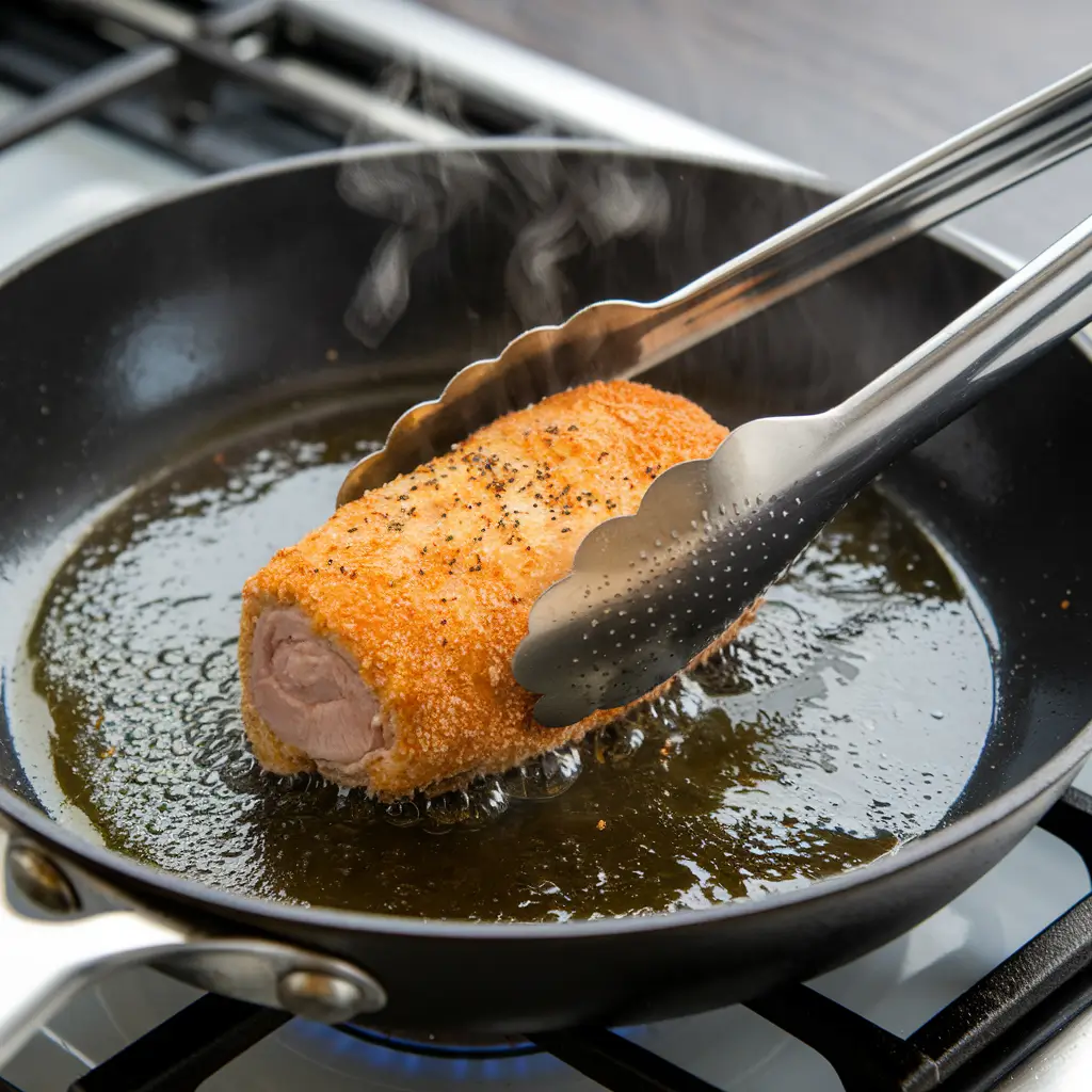 Step 4: Cooking Chicken Cordon Bleu – Pan-fry breaded chicken rolls until golden brown