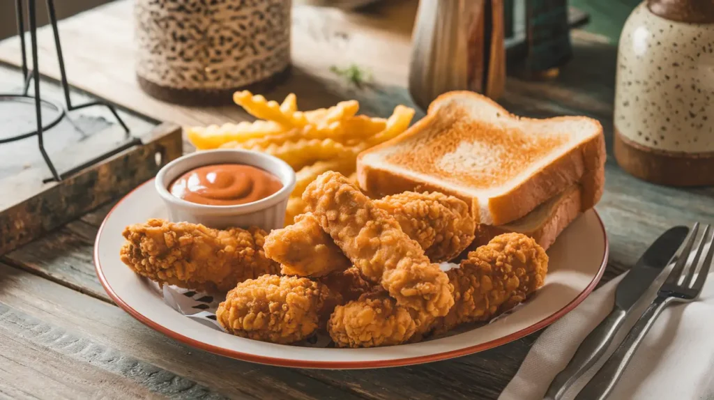 A plate of crispy golden chicken tenders served with tangy Raising Cane’s sauce, Texas toast, and crinkle-cut fries on a rustic wooden table.