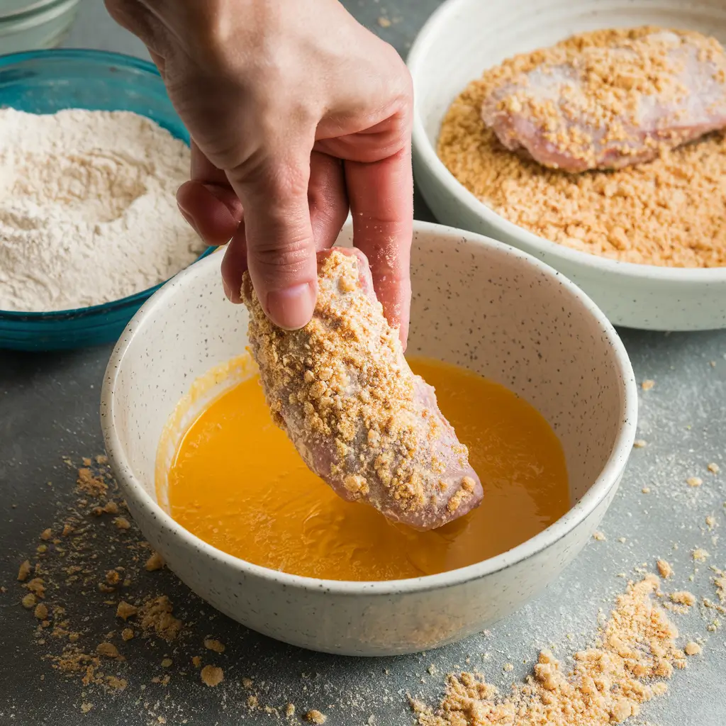 Chicken tenders being dipped in beaten egg and coated in seasoned flour, with breadcrumbs scattered around the preparation area. - Cane’s Chicken-